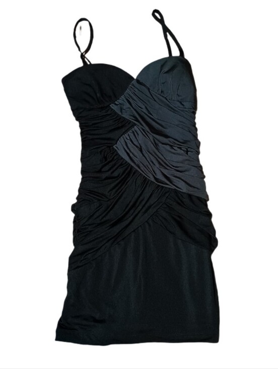 Love Crazy Dresses & Skirts - Sculpted Black Ruched Mini Dress with Draped Overlay